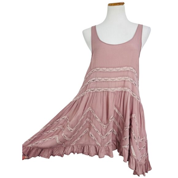 Free People Pink Voile & Lace Tiny Dot Mini Slip Dress | Boho Coquette Fairy S - Picture 5 of 16